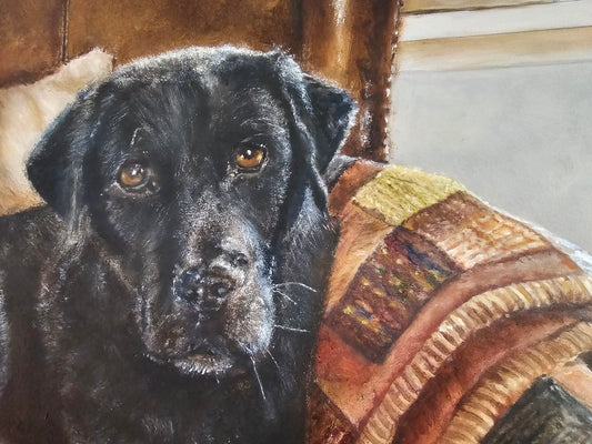 Original painting Black Labrador Saar on chair