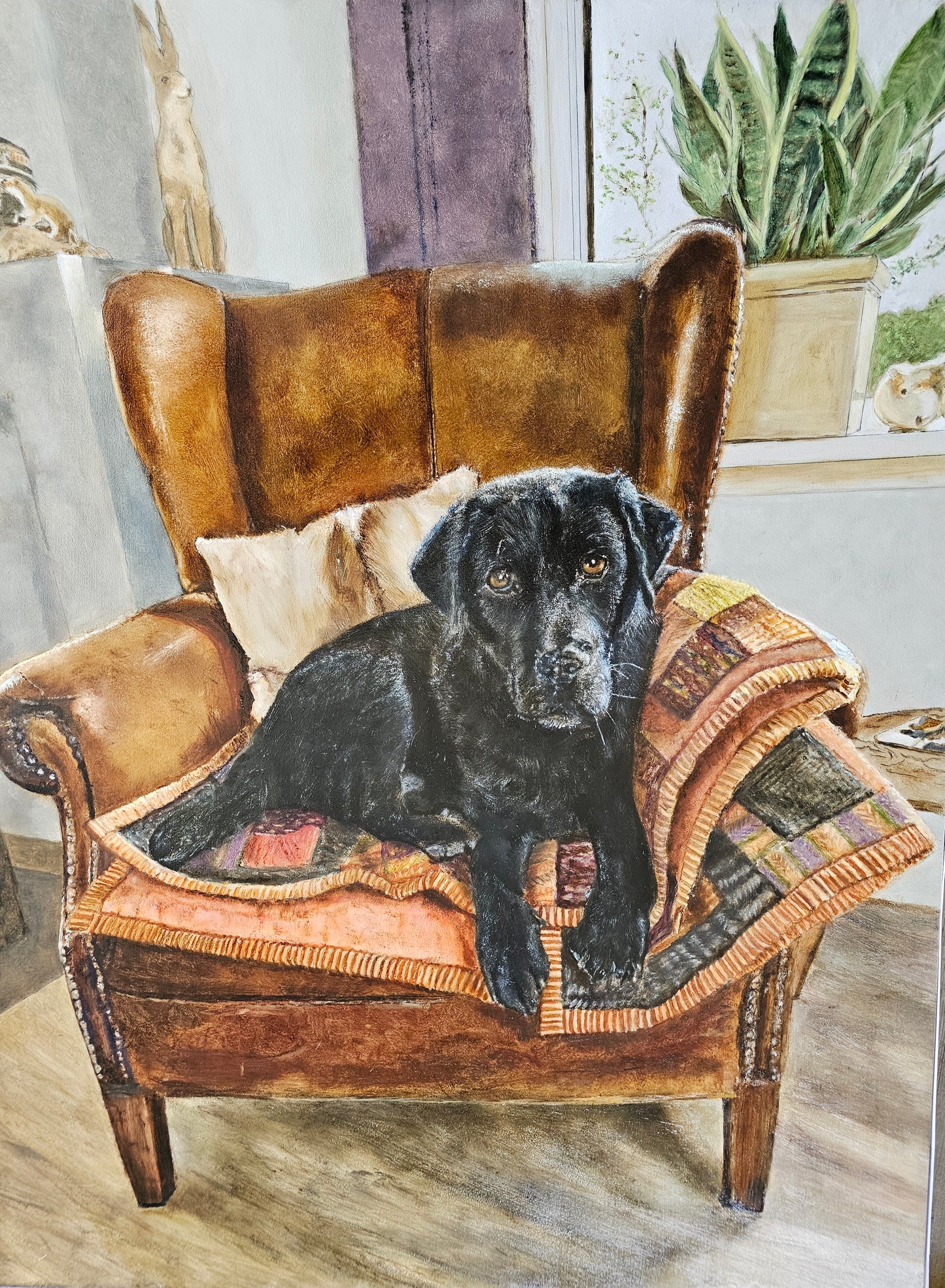 Original painting Black Labrador Saar on chair