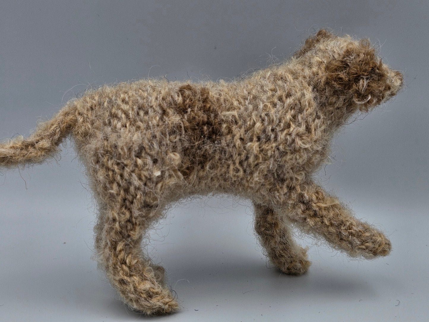 Knitted cream Labradoodle with light brown spots and ears