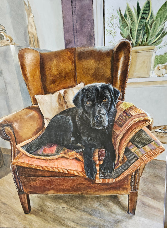 Original painting Black Labrador Saar on chair