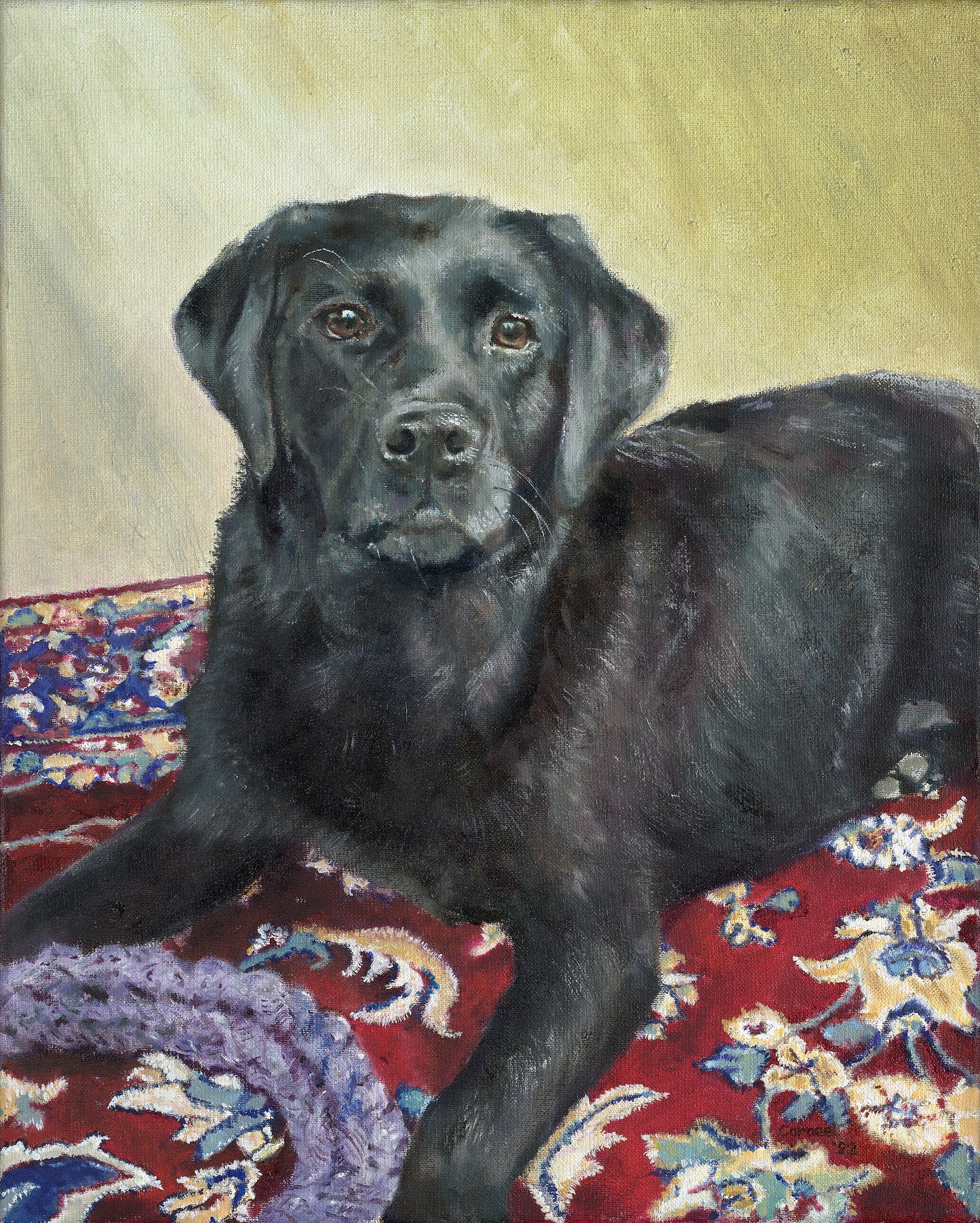 Original painting Black Labrador Rosie playing with chewing rope